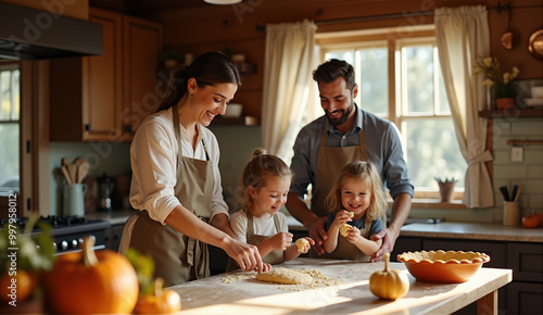 A family makes a traditional Thanksgiving pie together at the kitchen photo