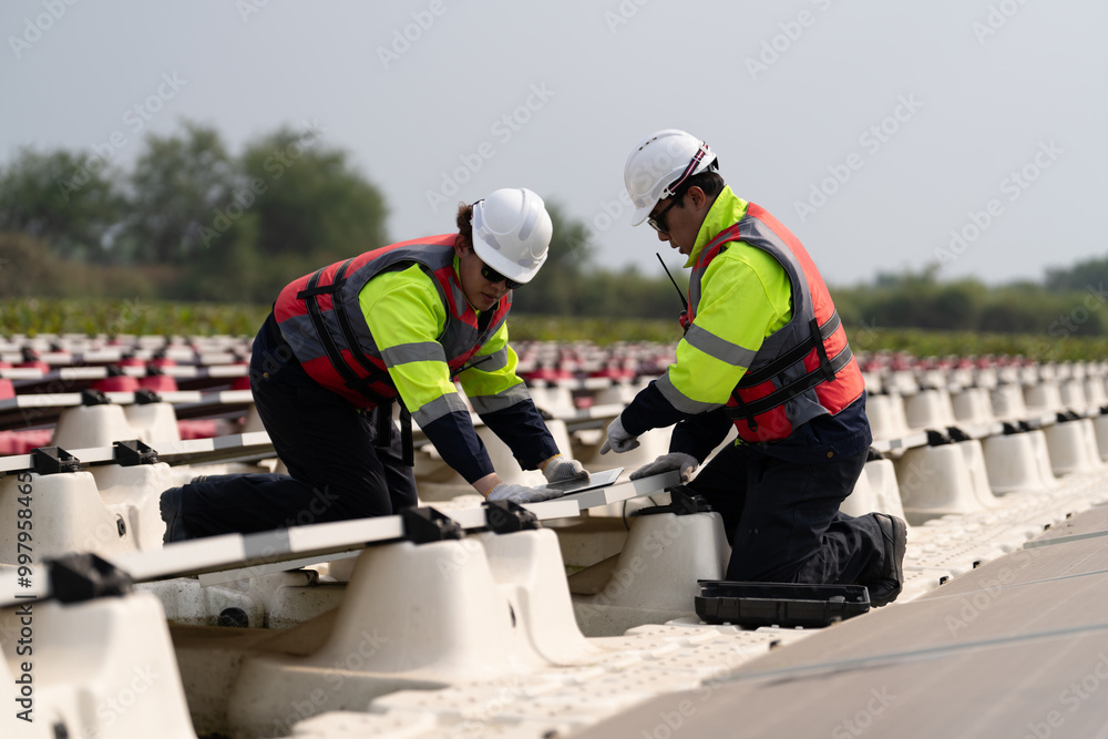 Fototapeta premium Floating solar photovoltaic panels at sustainable electrical power plant for generating clean electric energy. Concept of renewable electricity with zero emission on water surface.