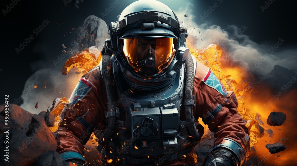 Fototapeta premium man in a space suit is walking through a rocky, red landscape