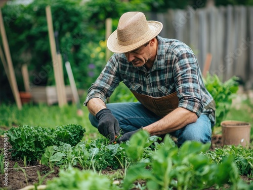 Man Gardening in His Backyard, Focused on Planting Organic Vegetables