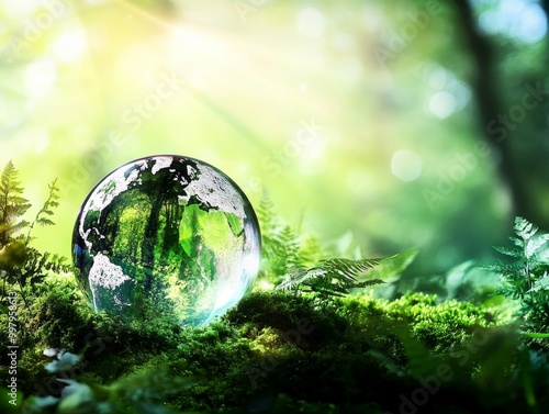 2408 147.A glass globe sits atop lush green moss, bathed in soft sunlight filtering through the trees. The image conveys a deep connection to nature, emphasizing environmental conservation,
