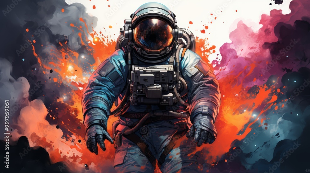 A man in a blue spacesuit is standing in front of a colorful explosion A man in a blue spacesuit is standing in front of a colorful explosion
