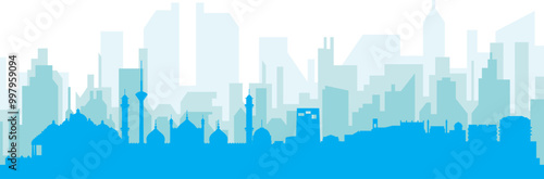 Blue panoramic city skyline poster with bluish misty transparent background buildings of NEW DELHI, INDIA