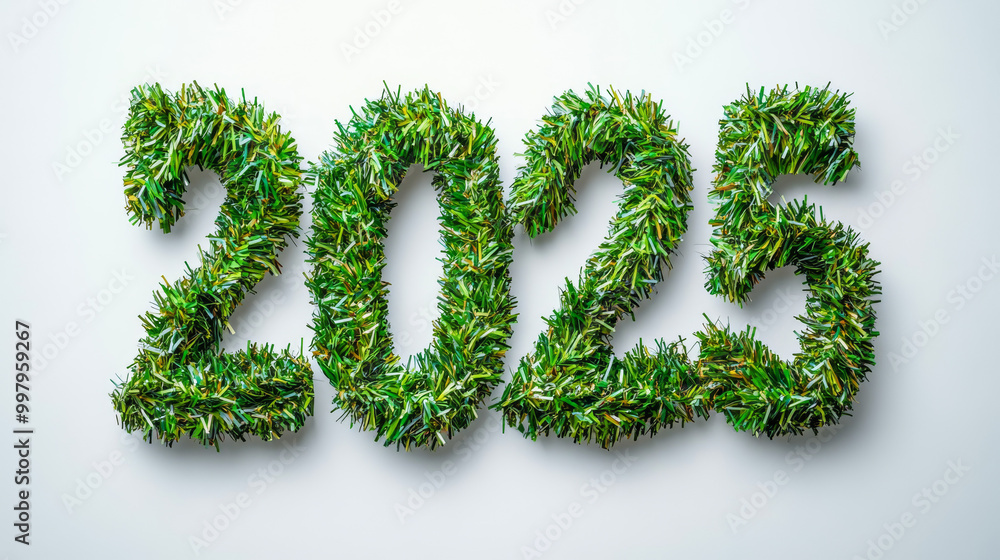 A festive display of the year 2025 made from vibrant Christmas garlands on a plain white background A festive display of the year 2025 made from vibrant Christmas garlands on a plain white background