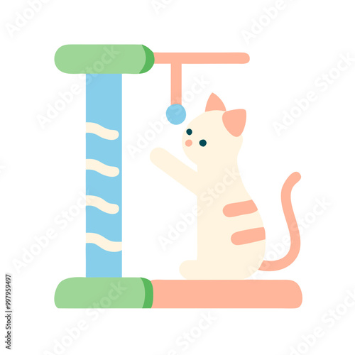 Minimalist Icon of Pet Cat Scratching in Pastel Green, Blue, and Peach Tones