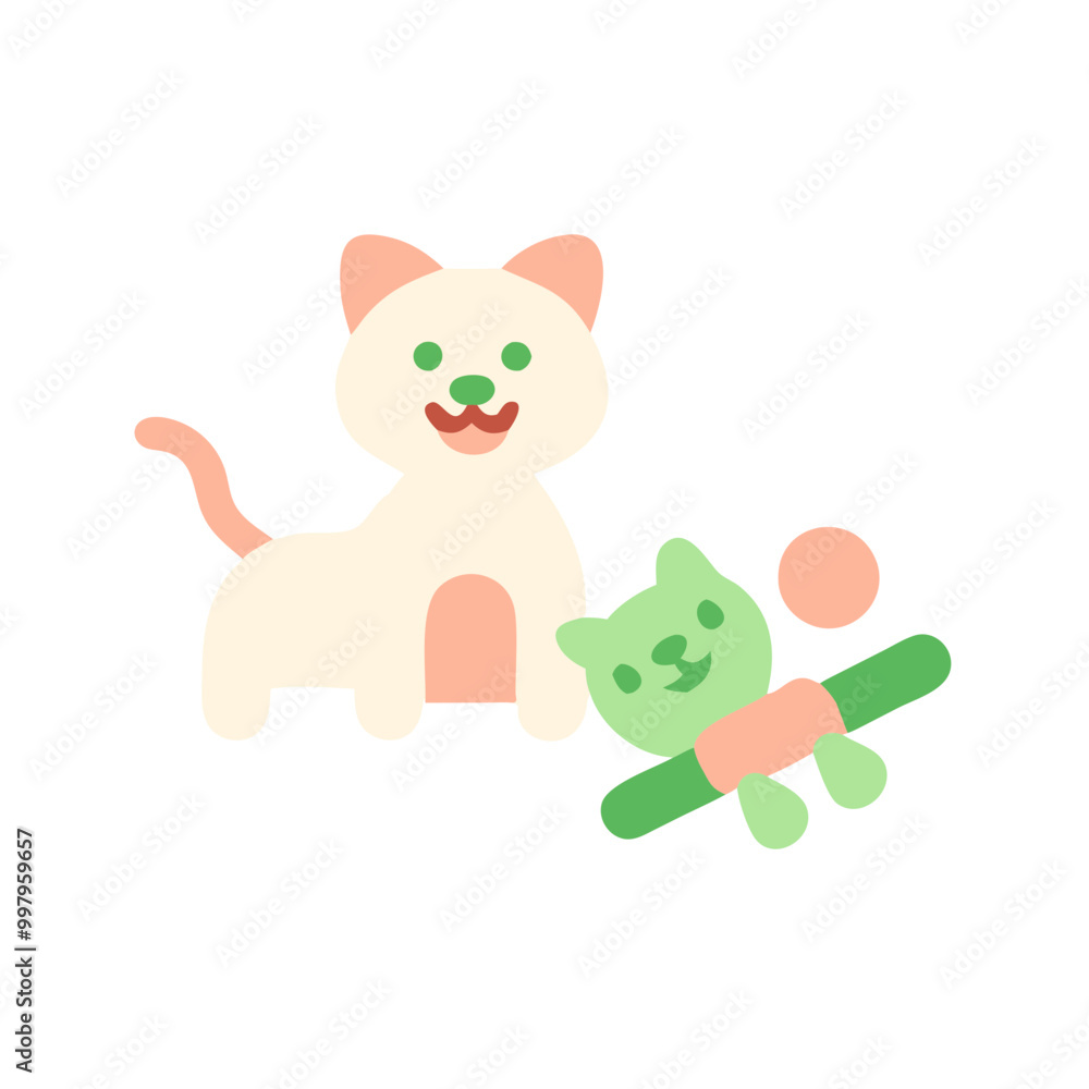 Minimalist Icon of Pets with Toys in Pastel Green, Blue, and Peach Tones Minimalist Icon of Pets with Toys in Pastel Green, Blue, and Peach Tones