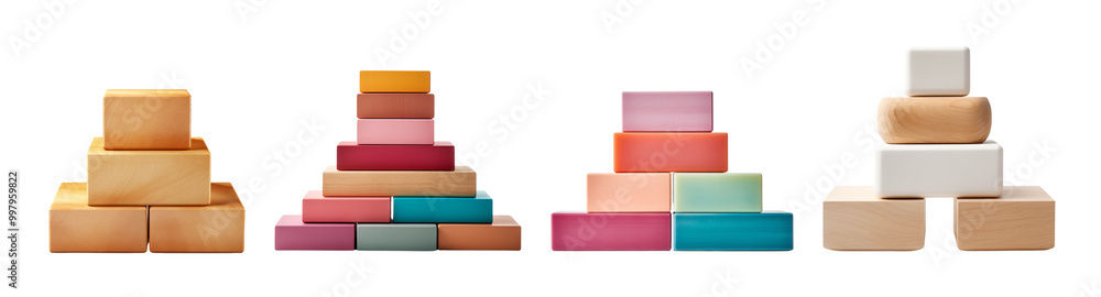 Obraz premium Colorful wooden building blocks arranged in various patterns on a white isolate background, showcasing creativity and playfulness.
