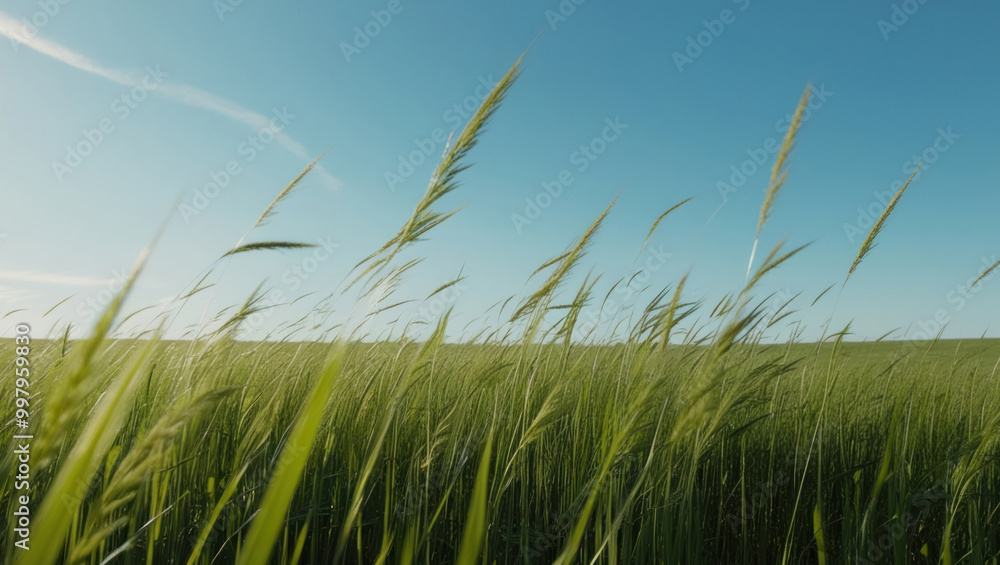 Obraz premium A wide field of tall grass under a bright sky creates an atmosphere of tranquility and nature. Ideal for environmentally themed projects