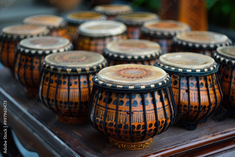 A collection of small, hand-painted drums sit on a wooden table A collection of small, hand-painted drums sit on a wooden table
