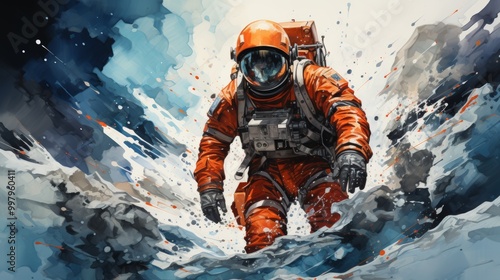 Wallpaper Mural A man in an orange spacesuit is walking through a wave Torontodigital.ca
