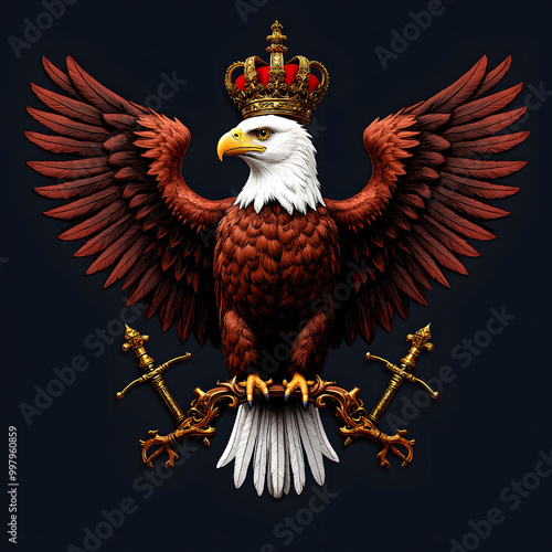 Illustration of a majestic eagle with a crown and swords on a dark background