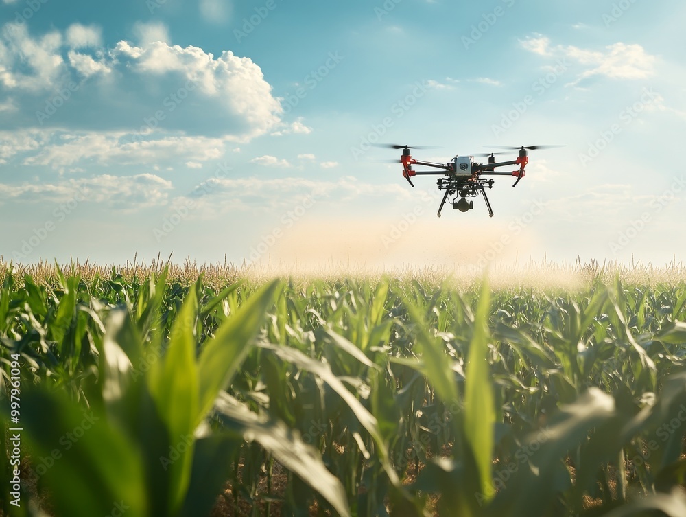2408 183.A high-tech drone flies low over a sweet corn field, releasing a fine mist of fertilizer. The image highlights the advancement of agricultural technology, showing how drones are 2408 183.A high-tech drone flies low over a sweet corn field, releasing a fine mist of fertilizer. The image highlights the advancement of agricultural technology, showing how drones are