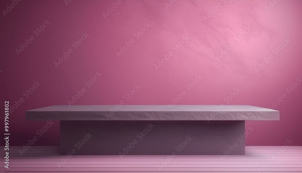 Studio with podium for product presentation. Empty floor and pink wall with stand. 3D room with gradient background. Countertop with concrete or marble texture Studio with podium for product presentation. Empty floor and pink wall with stand. 3D room with gradient background. Countertop with concrete or marble texture