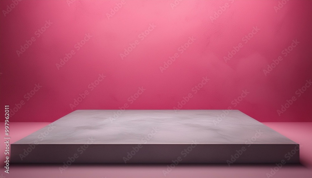 Studio with podium for product presentation. Empty floor and pink wall with stand. 3D room with gradient background. Countertop with concrete or marble texture Studio with podium for product presentation. Empty floor and pink wall with stand. 3D room with gradient background. Countertop with concrete or marble texture