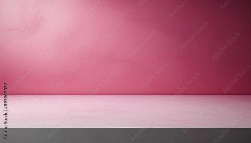 Studio with podium for product presentation. Empty floor and pink wall with stand. 3D room with gradient background. Countertop with concrete or marble texture Studio with podium for product presentation. Empty floor and pink wall with stand. 3D room with gradient background. Countertop with concrete or marble texture