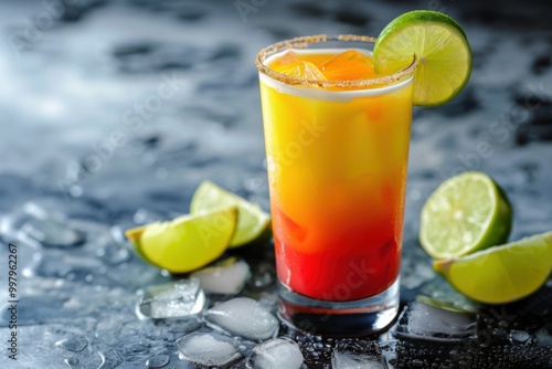 Oat milk Tequila Sunrise with oat milk and lime, served in a stylish glass, wholesome background, copy space