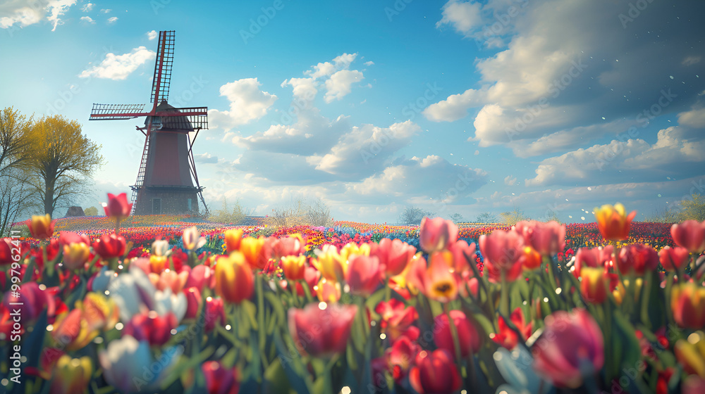 Dutch Windmill & Vibrant Tulip Field in Spring