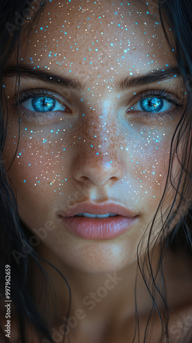 Elegant Brunette Woman with Flawless Skin and Radiant Smile, Captivating Eyes and Fashionable Makeup Look. Close-up of Beauty and Glamour.