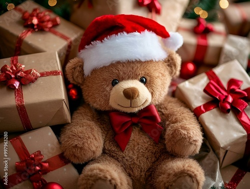  Festive Teddy Bear in Santa Hat Surrounded by Christmas Gifts and Decorations .