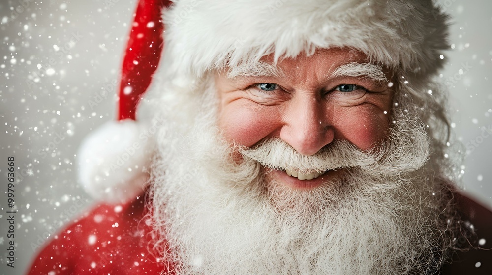 Santa Claus in traditional red costume with snowy backdrop, festive holiday season representation. Santa Claus in traditional red costume with snowy backdrop, festive holiday season representation.