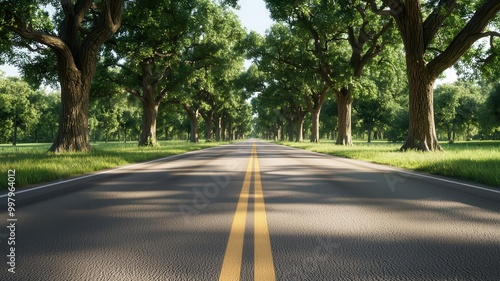 Empty highway with tall oak trees lining both sides, captured in 8K resolution, ultracrisp detail, warm afternoon light casting long tree shadows photo