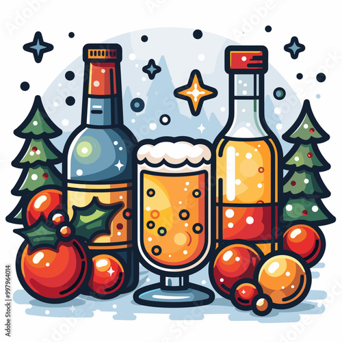 Merry Christmas and Happy New Year greeting card. Drinks for the New Year in beautiful glasses and decor.