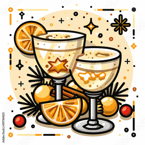 Merry Christmas and Happy New Year greeting card. Drinks for the New Year in beautiful glasses and decor.