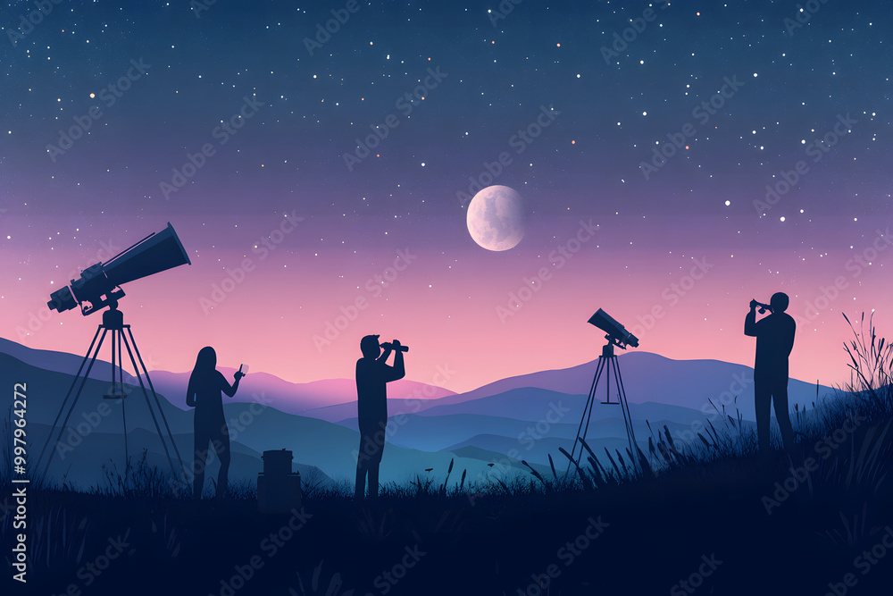 illustration of astronomy enthusiasts observing the moon, night sky, stargazing silhouettes, telescope view, celestial exploration, mountain night, starry sky, lunar observation, group stargazing illustration of astronomy enthusiasts observing the moon, night sky, stargazing silhouettes, telescope view, celestial exploration, mountain night, starry sky, lunar observation, group stargazing