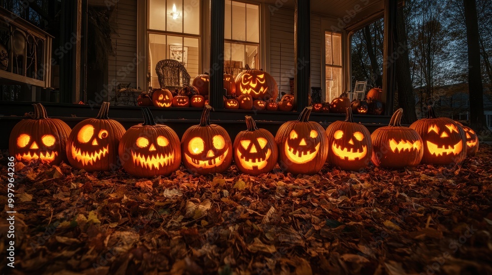 Obraz premium Enchanting Halloween Night: Row of Glowing Carved Pumpkins on Autumn Porch