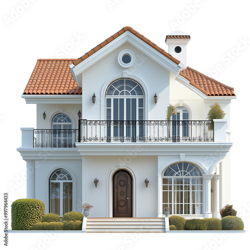 Two-story villa with white walls and tiles on the roof, front view, with arched windows and an iron balcony, green plants in flower pots at each window isolated on transparent background