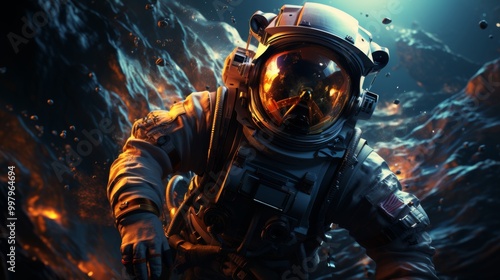 A man in a space suit is swimming in a pool of lava