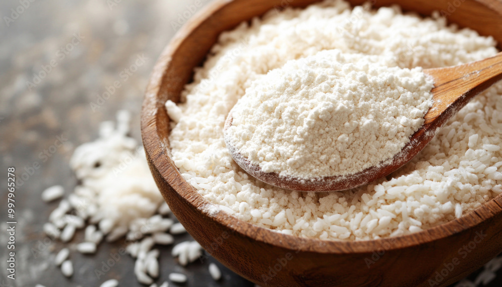 Wooden spoon scooping rice flour from bowl of grains Wooden spoon scooping rice flour from bowl of grains
