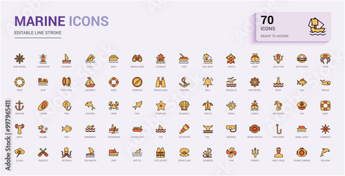 Set of colorful line icons related to marine port. Color icon collection for web and ui. Outline icons pack, Vector illustration. Icon names are written in English.