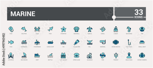 Set of colorful line icons related to marine port. Color icon collection for web and ui. Outline icons pack, Vector illustration. Icon names are written in English.