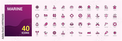 Set of colorful line icons related to marine port. Color icon collection for web and ui. Outline icons pack, Vector illustration. Icon names are written in English.