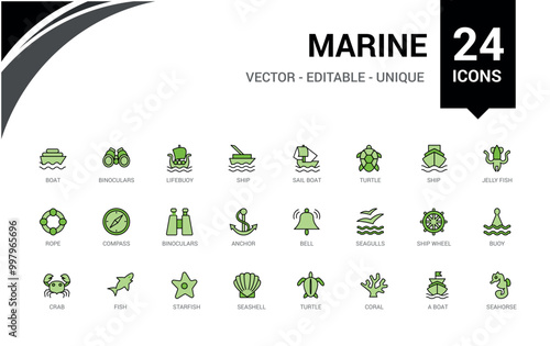 Set of colorful line icons related to marine port. Color icon collection for web and ui. Outline icons pack, Vector illustration. Icon names are written in English.