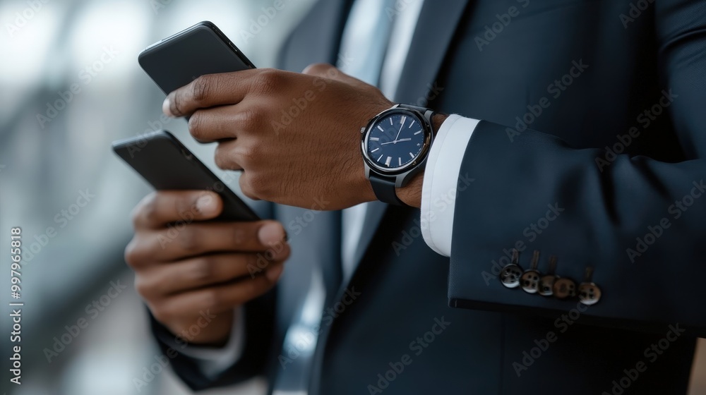 A close-up of a businessman in a suit checking his smartwatch and smartphone, emphasizing a busy schedule A close-up of a businessman in a suit checking his smartwatch and smartphone, emphasizing a busy schedule