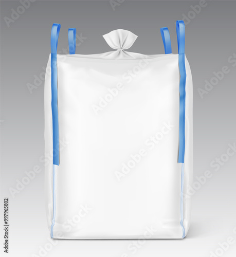 Flexible intermediate bulk container big bag with top skirt mockup. High realistic. Vector illustration isolated on grey background. Ready for use in presentation, promo, advertising. EPS10.	