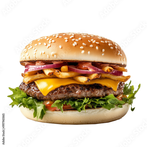 Hamburger with cheese, lettuce, and onion on the buns isolated on a transparent background