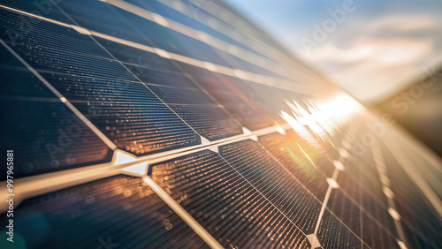 Macro shot of solar panel surface reflecting sunlight, detailed view of photovoltaic cells, stock photo