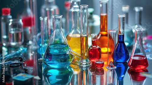 Top-down shot of laboratory glassware with colorful liquids arranged in a geometric pattern, science theme, stock photo