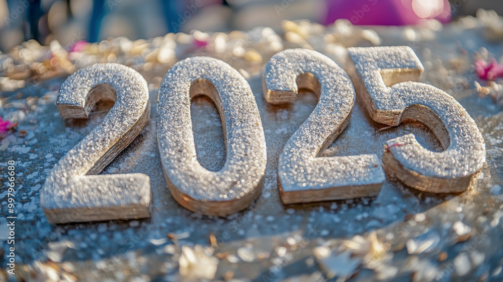 Decorative 2025 display with glitter and floral accents celebrating the arrival of the new year in an outdoor festive atmosphere Decorative 2025 display with glitter and floral accents celebrating the arrival of the new year in an outdoor festive atmosphere