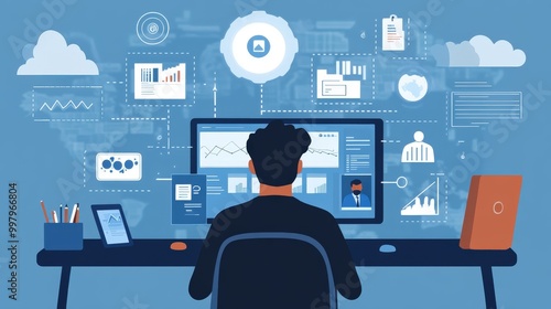 A remote business manager using cloud-based software to collaborate with team members in real time