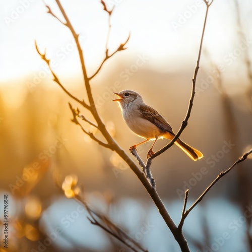 Bird Singing Joyfully on a Branch at Sunset