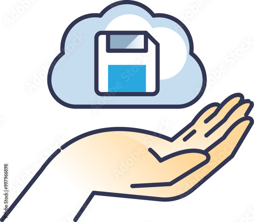 Illustration of a hand holding a cloud with a floppy disk, symbolizing cloud storage and data management.