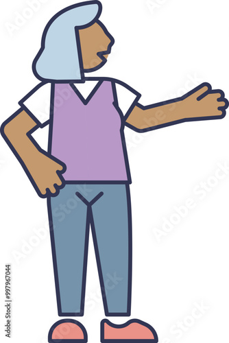 Illustration of an elderly person with gray hair, wearing casual clothes, gesturing with one hand.