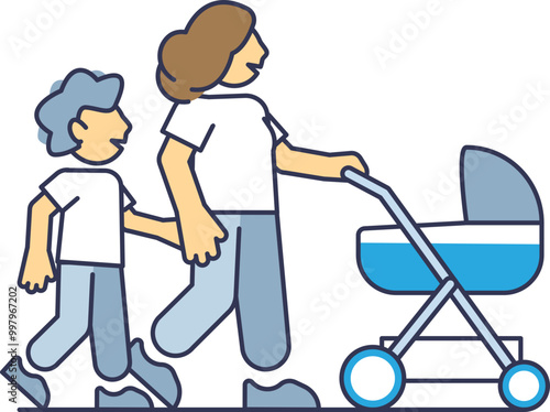 Illustration of a woman with a child and a baby stroller, symbolizing family dynamics and socioeconomic status.
