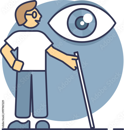 Illustration of a visually impaired person with a cane and a large eye symbolizing vision impairment.