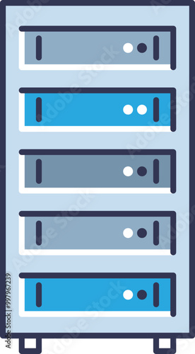Illustration of a server rack with multiple server units, representing data storage and network management.