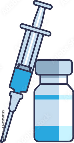 Illustration of a syringe and vaccine vial, symbolizing vaccination and immunization.